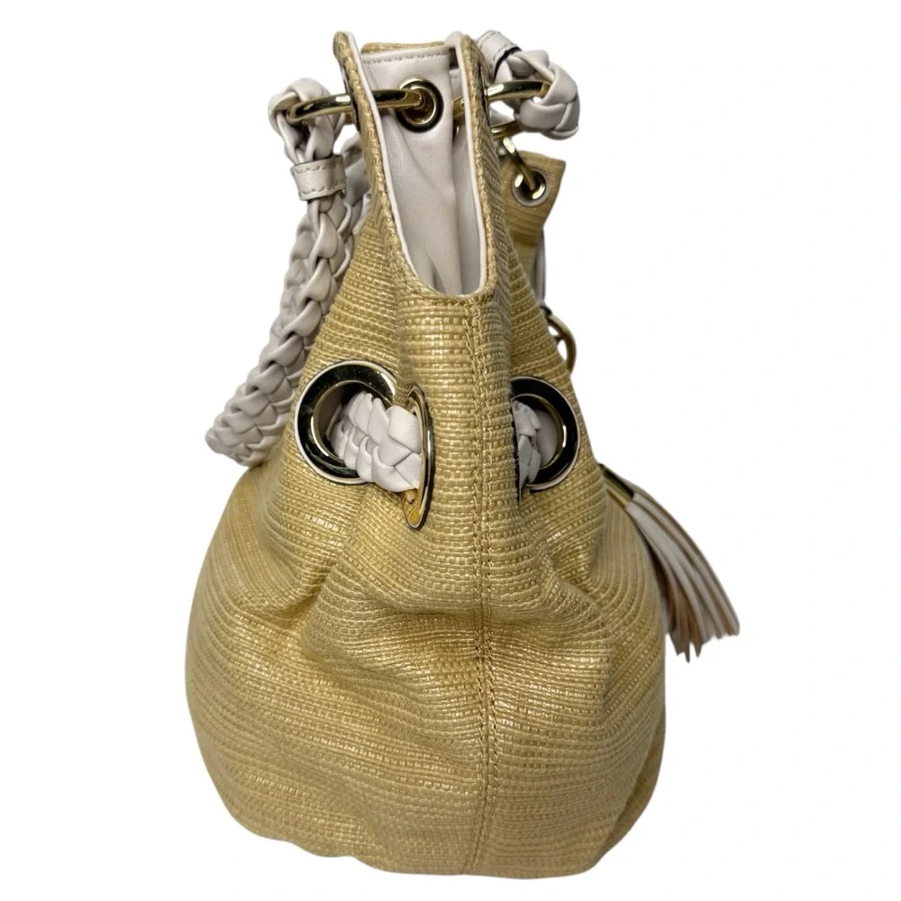 MICHAEL KORS Carlton Straw Braided Leather Hobo Gold Tassel‎ Bag Large